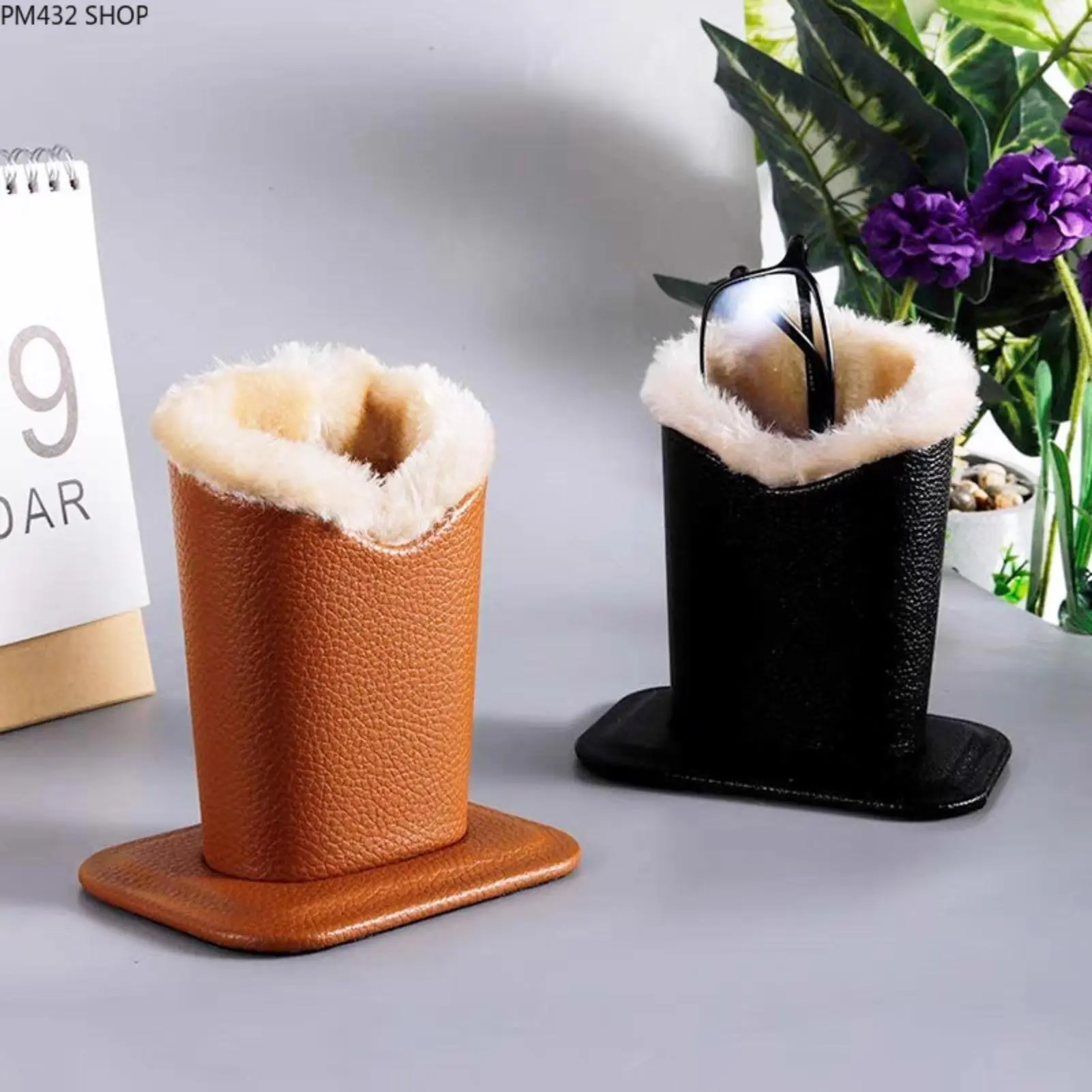 Faux Fur Eyeglasses Holder Stand – Leather Desk Glasses Storage Display Rack, Soft Plush Eyeglass Case Organizer, Fashion Desktop Sunglasses Holder & Pen Cup
