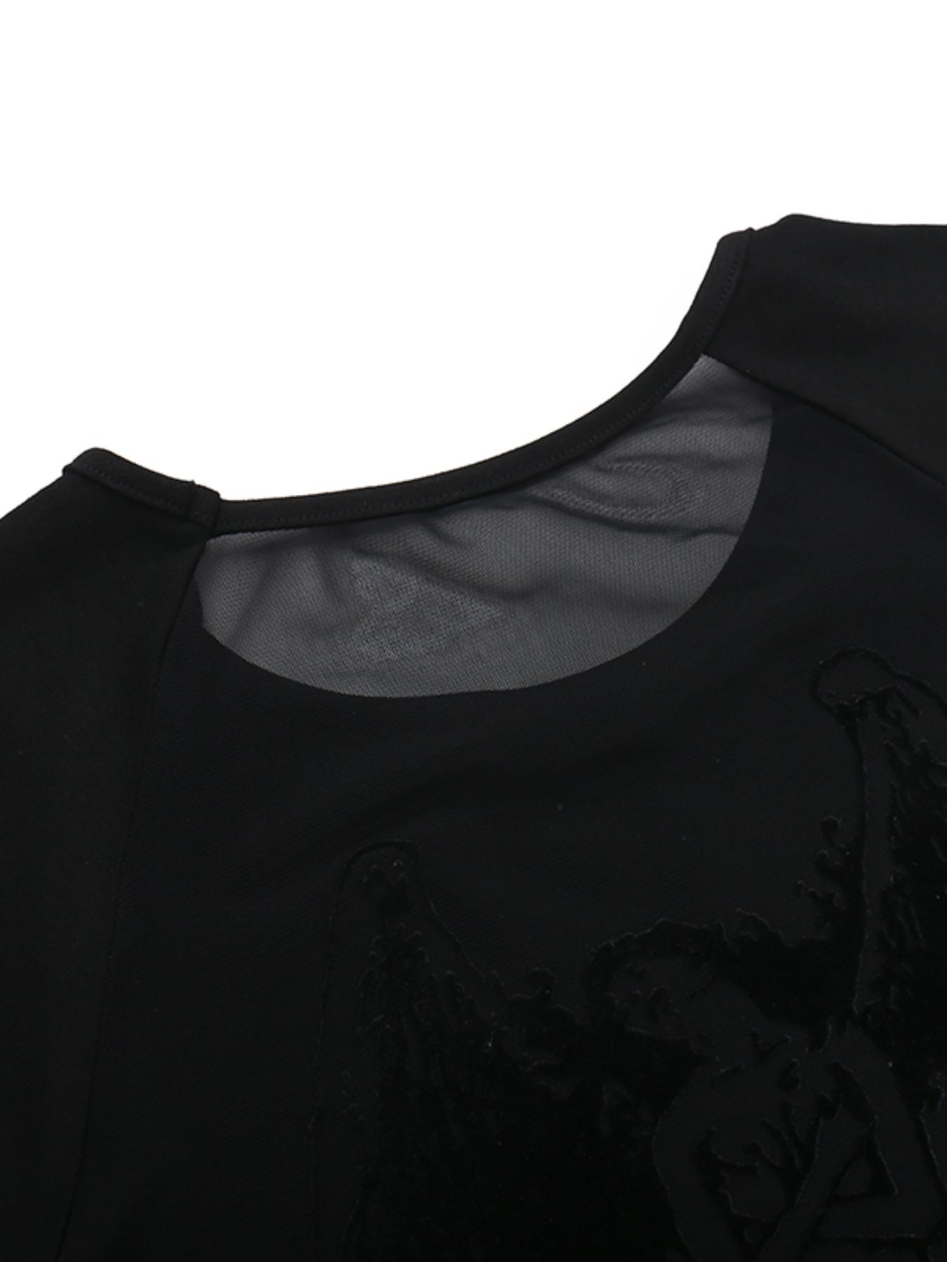 Women's Angel Print Contrast Mesh Sheer Round Neck Tee, Y2K Trendy Casual Raglan Sleeve T-shirt for Daily Wear, Ladies All Seasons Outfit