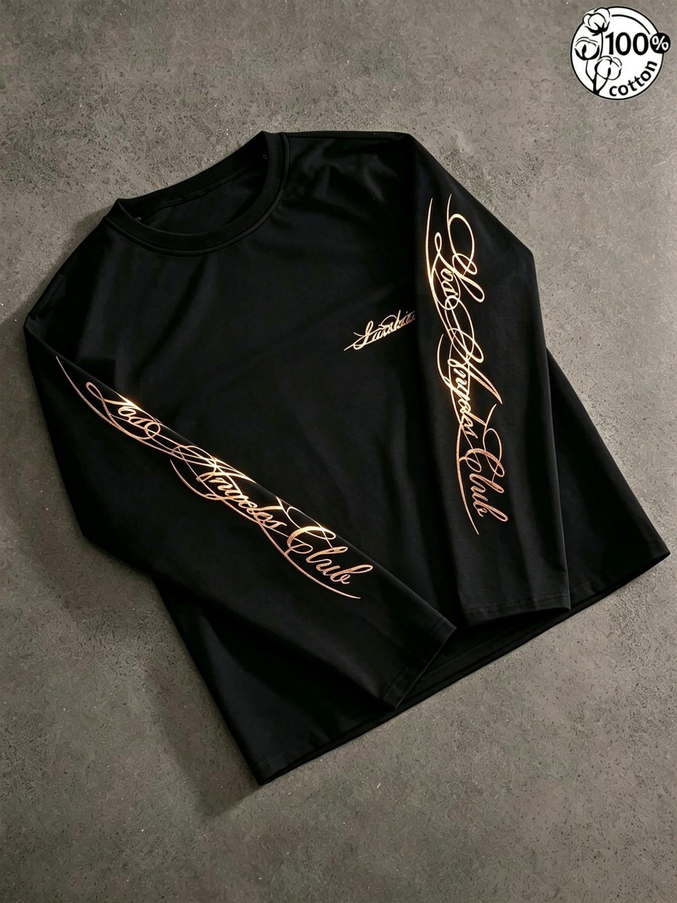 Unisex 100% Cotton Multi-Color Vertical Sleeve Script Lettering Long Sleeve Tee Mini Chest Logo Chicano American Streetwear Oversized Casual Top
