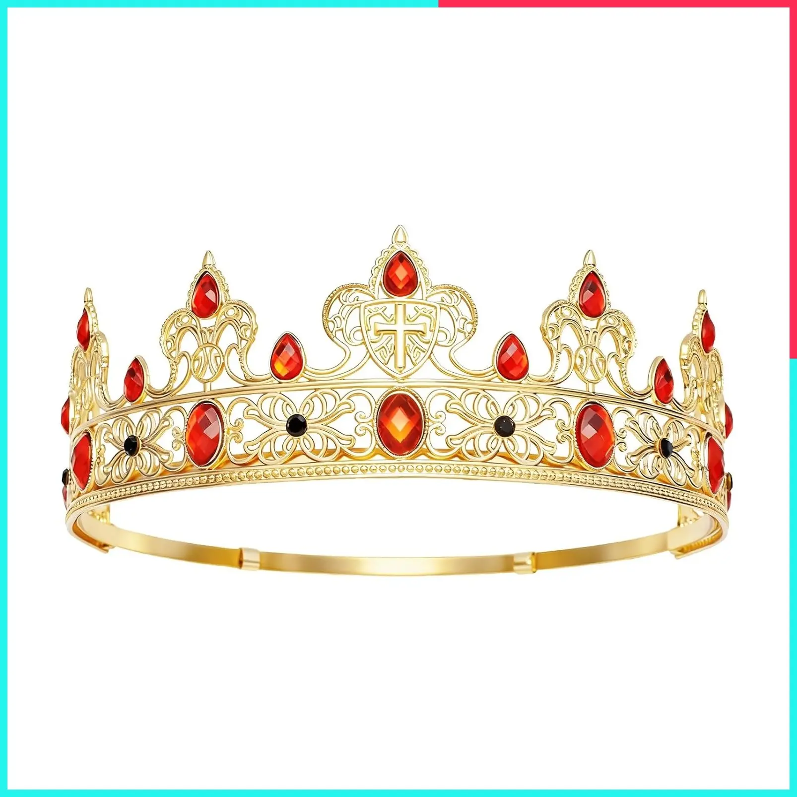 Men's Royal King Crown Prince Diadem Medieval Cosplay Hair Accessories for Birthday Prom Halloween, Gold & Red