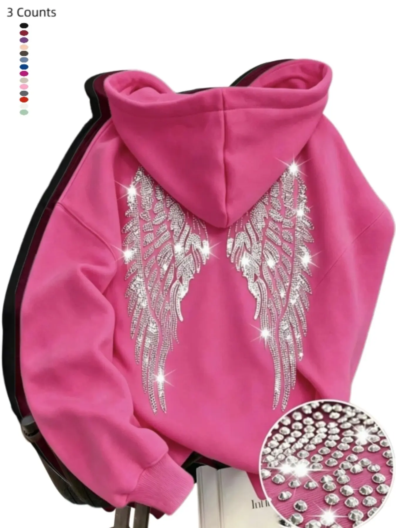 Women's 1/3piece Hooded Long Sleeve Sweatshirt, Rhinestone Wing Print, Drop Shoulder, Oversized Fit, Casual Style, Loose Fit Sweatshirt