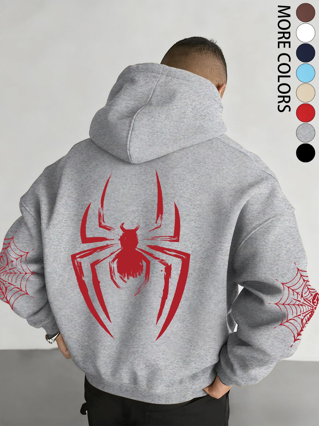 Men's Fall/Winter Spider-Print Hooded Sweatshirt with Drawstring and Kangaroo Pocket, Casual Street Fashion Hoodie, Casual Streetwear Hoodie, Comfortable Fabric, Fitted Graphic Sweatshirts