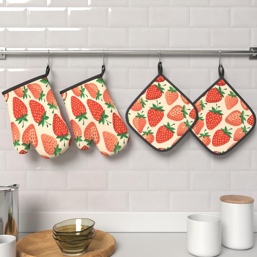 4pcs Heat Resistant Oven Mitts And Potholders Cute Strawberry Pattern Oven Mitts And Pot Holders Sets Suitable For Kitchen Decoration, Cooking, Grilling, Baking And Great Holiday Camping Picnics Gifts