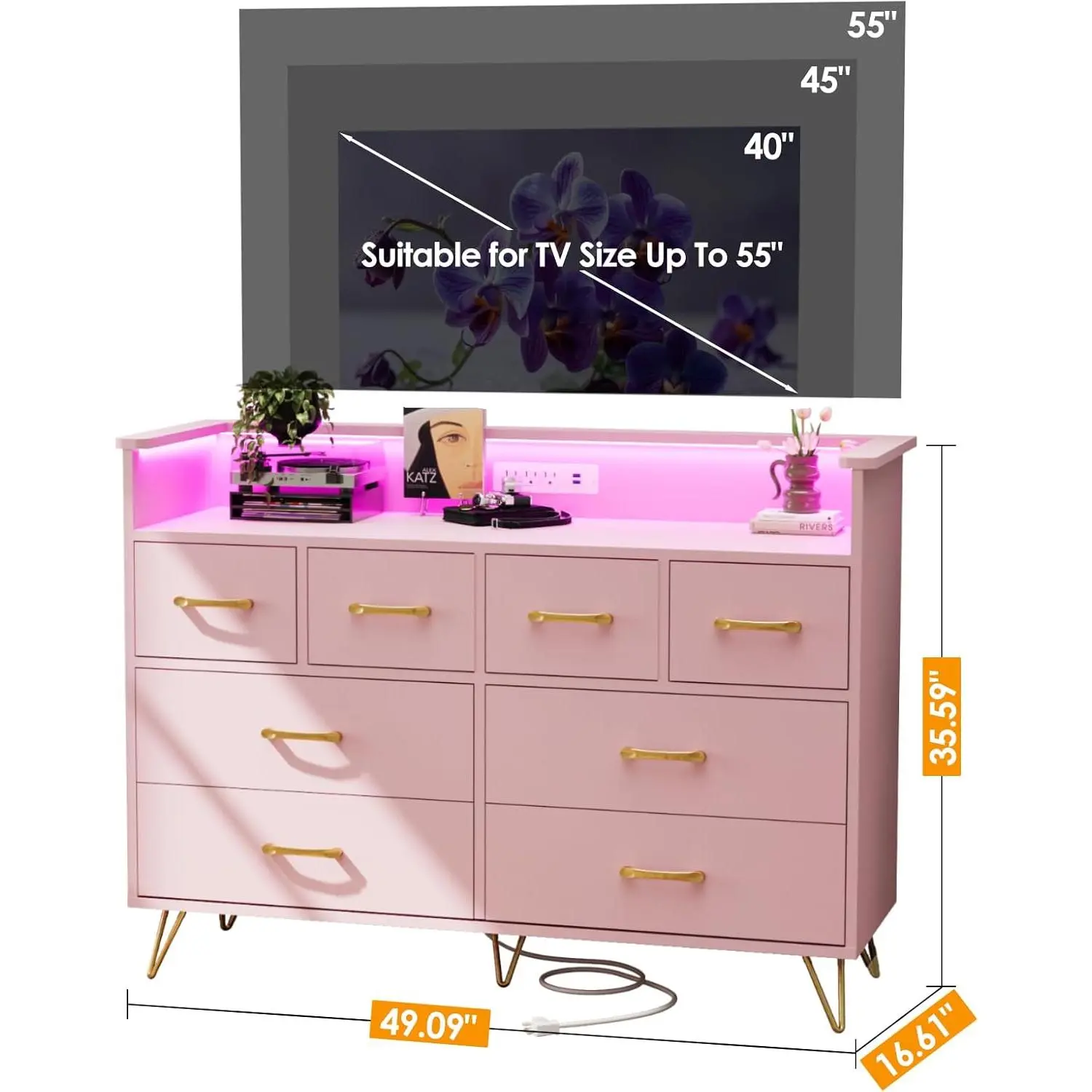Pink Floor Standing 8-Drawer Modern Dresser with Open Top, Customizable RGB LED Lighting, Certified High-Quality MDF, Metal Legs, Convenient Charging Station (2 USB Ports), Solid Panels, Easy Setup - Indoor Bedroom Entryway Organizer, Assembly Required, B
