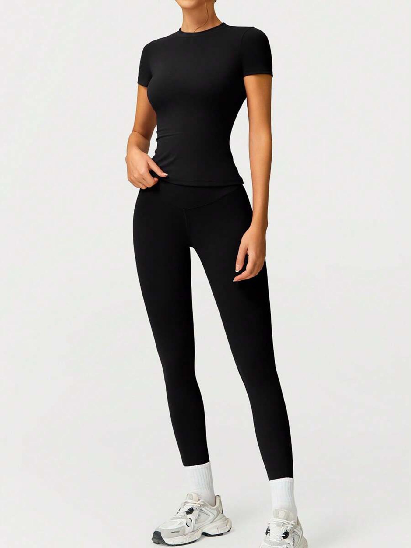 Women's Sporty Fitted Yoga Tracksuit Set, Soft Breathable Stretch Fabric Activewear Short Sleeve Top & Elastic Pants, Ideal for Fitness Running Outdoor Activities