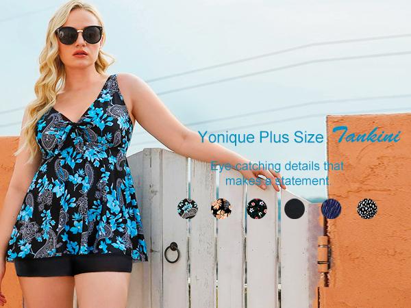 Yonique Women's Plus Size Two Piece Flyaway Tankini Set, V-Neck Full Coverage Tank top with Boy Shorts, Ladies Two Piece Plus Size Tankini Swimwear for Beach Swimming Holiday Vacation