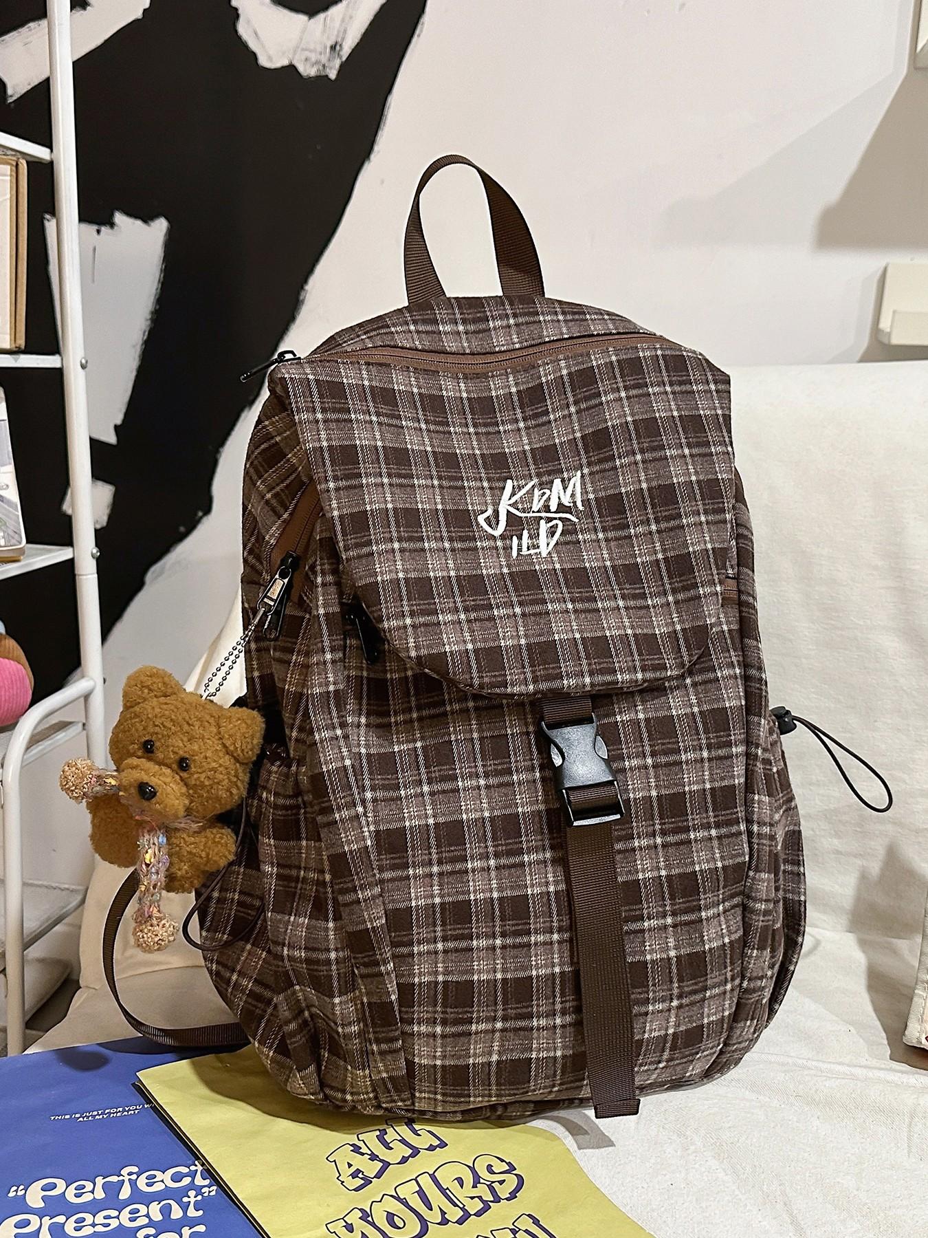 1pc  Checkered women's backpack, casual backpack, flip cover, fashionable, versatile, simple and trendy, suitable for college students' campus travel, commuting, shopping, women's backpack