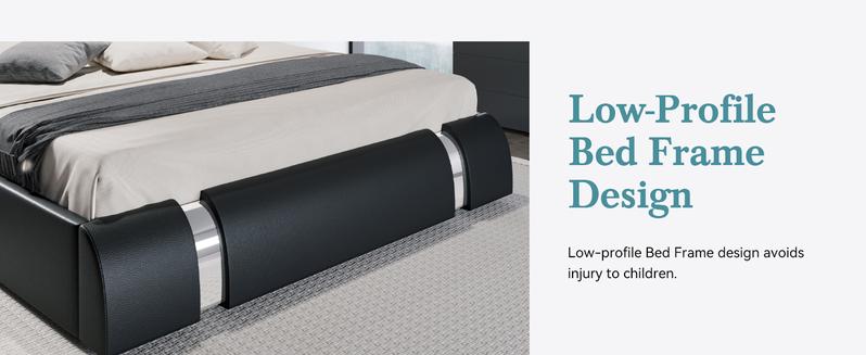 HOOMIC Modern Faux Leather Platform Bed Frame【Frame Only No Mattress】with Iron Pieces Decor,Low Profile Platform Bed with Height-adjustable Headboard,Solid Wood Slat Support,No Box Spring Needed,Queen/King Size