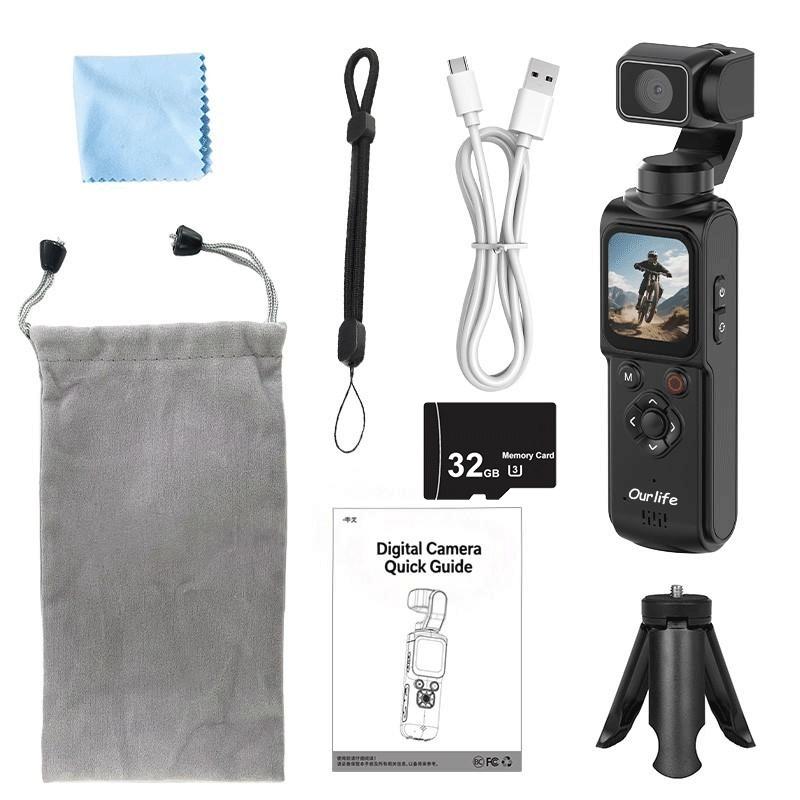 Ourlife At-M105 Camera with 32GB Memory Card, 1 Inch Cmos 4K Video, Three-Axis Gimbal Stabilizer, Fast Focus, Face Recognition, Portable Camcorder