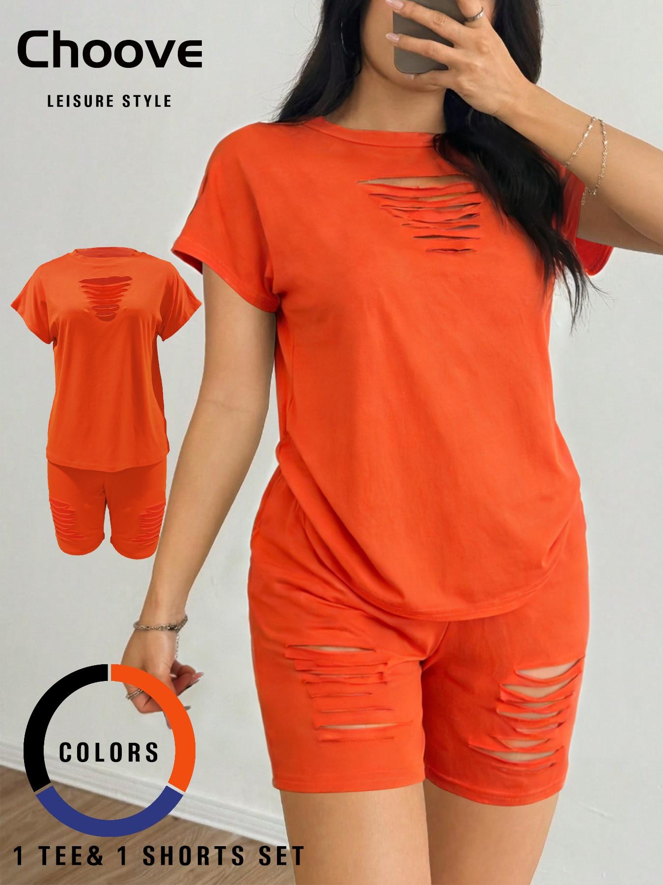 Women's Sexy Hollow Out T-Shirt and Shorts Set, Soft High Stretch Fabric, Casual Slim Fit, Short Sleeve, Plain Pattern, Two Piece, Outfit