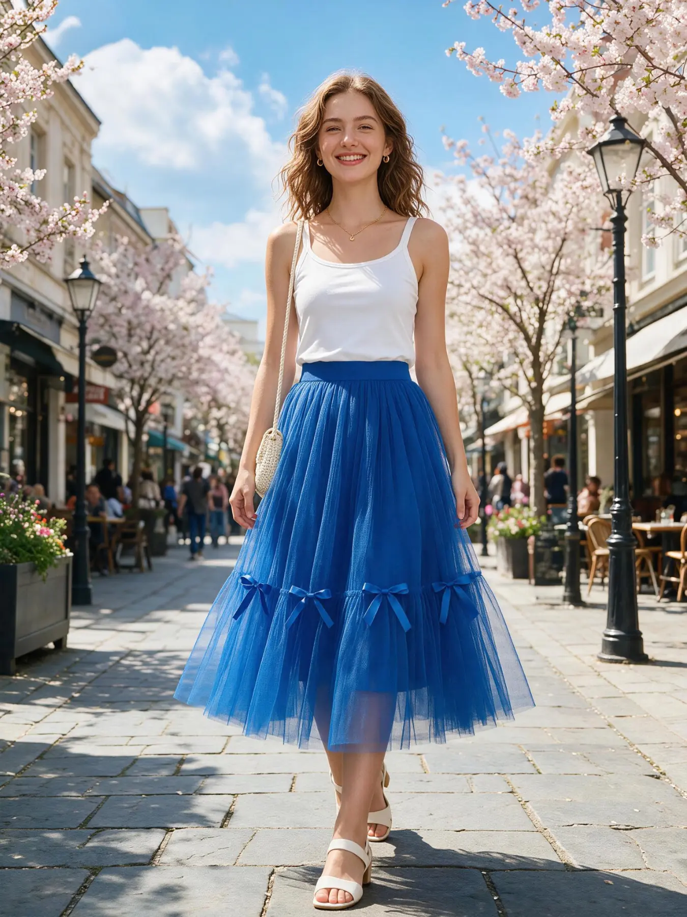 1Pc Royal Blue Bow Decor Tulle Dance Skirt, Elastic Waist Flowy Midi Layered Mesh Skirt Women Ballet Performance Party Costume
