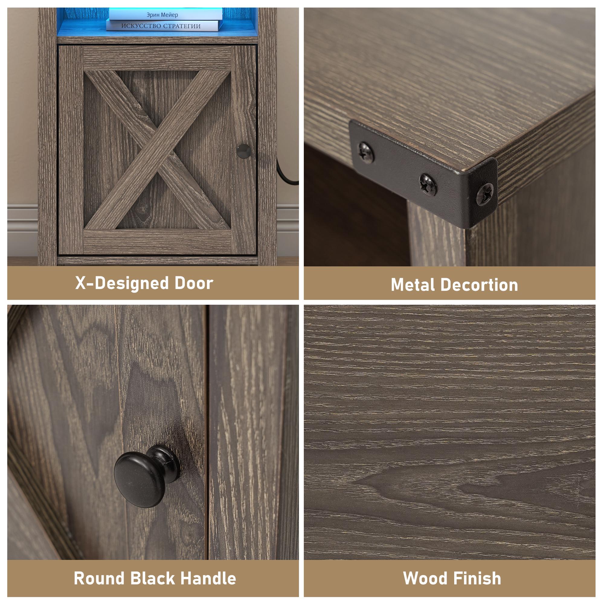 Farmhouse LED Nightstand Set of 2 with Charging Station, Rustic End Table with Barn Door & Storage Shelf, Bedside Table for Bedroom, Living Room, Grey/White/ Farmhouse LED Nightstand Set of 2 with Charging Station, Rustic End Table with Barn Door & Storage Shelf, Bedside Table for Bedroom, Living Room, Grey/White/