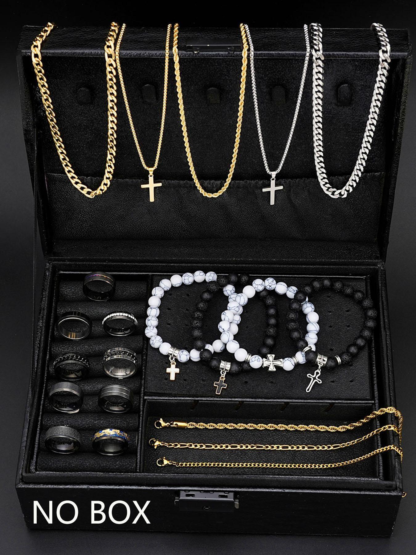 Men's Stainless Steel Jewelry Set, Casual Cross Necklace & Bracelet Pair, All-Seasons Accessory Gift for Birthdays & Dates