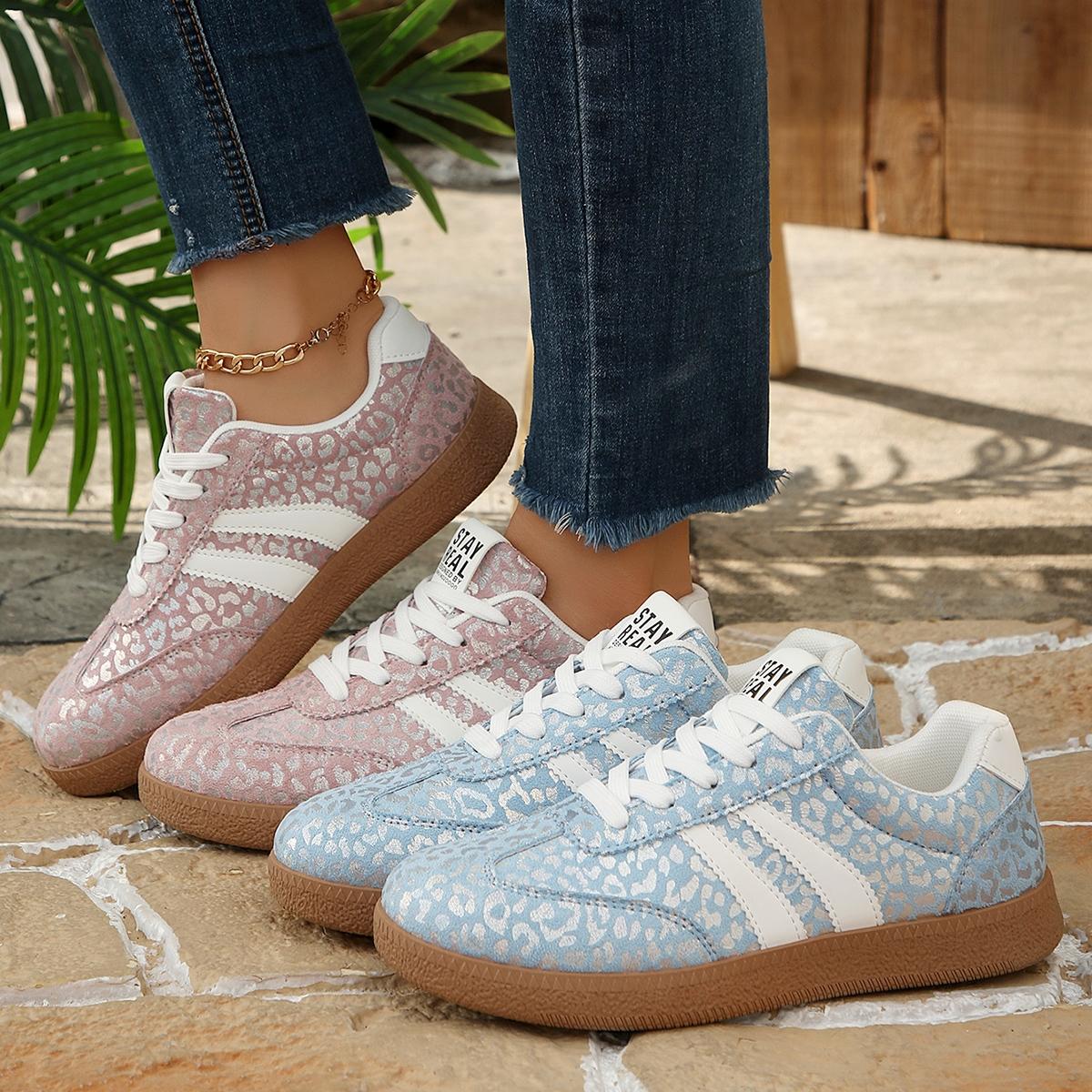 Vintage Leopard Print Sneakers, Pink/Blue, Comfortable Shoes for Commute & Shopping