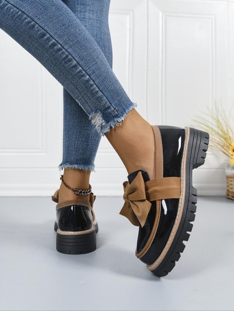 Women's Bowknot Loafers, Spring & Fall Casual PU Leather Shoes, Plain Pattern, Less Than Ankle Height, PVC Sole