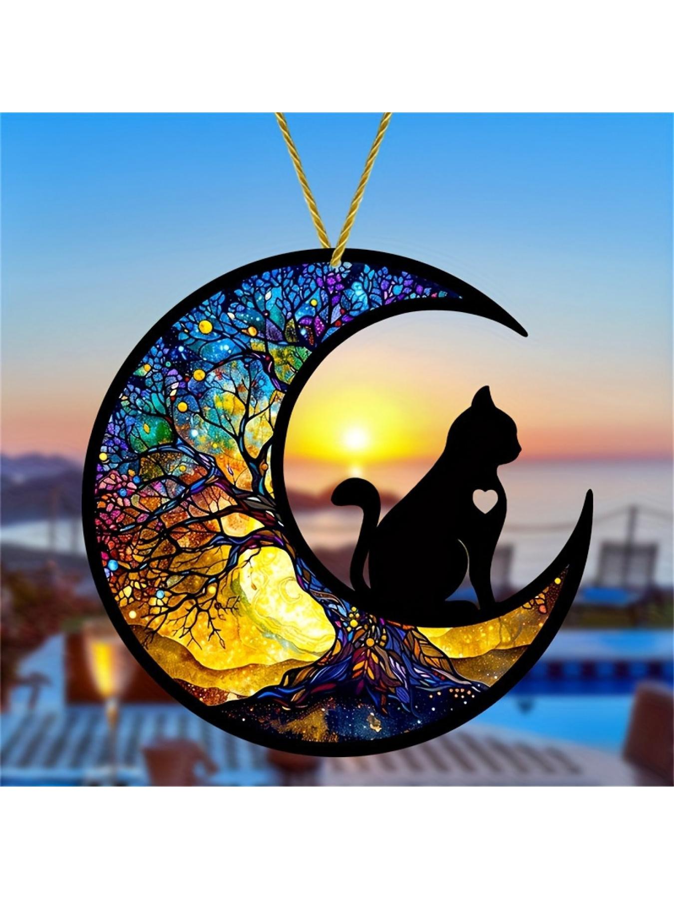 2D Flat Enchanted Cat Moon Phase Acrylic Suncatcher Painted Stained Glass Style Window Ornament Home Garden Decoration Ideal Gift for Mom and Friends