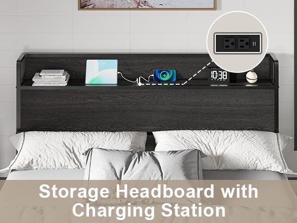 VanAcc Lift Up Storage Bed Frame, Wooden Platform Bed Frame with Lifting Storage & Charging Station, No Spring Box Needed/Noise Free