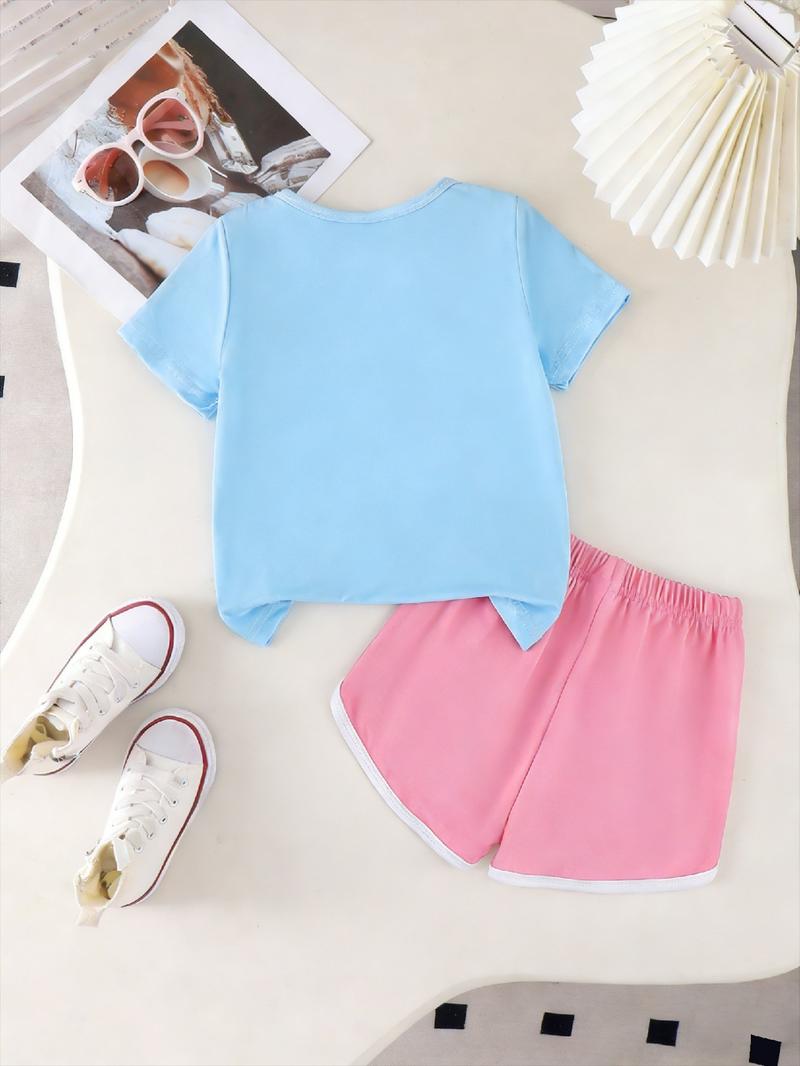 Summer Girls Casual Sports Short Sleeve Set with Eye-Catching Heart Smile Print, Loose Fit Shorts for Ages 2-7, Perfect for School & Weekend Outings