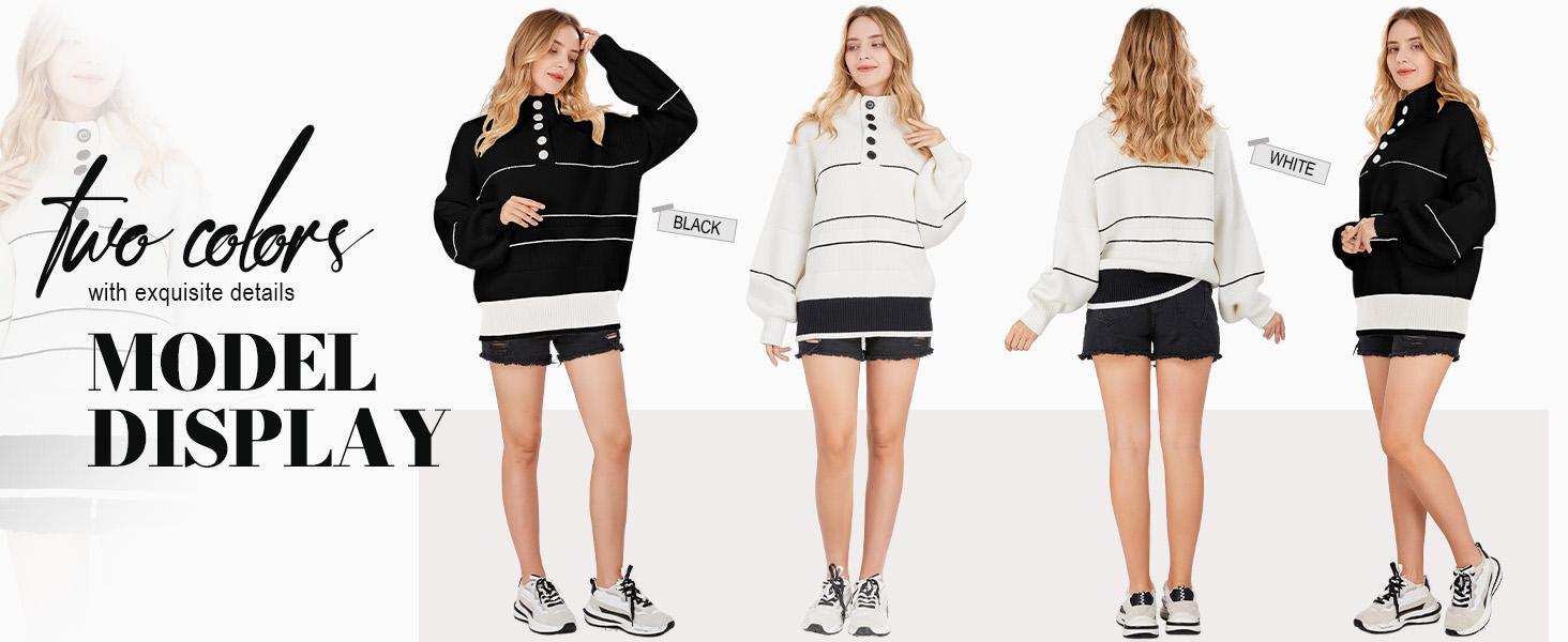 CHARTOU Women's Autumn/Winter Loose Striped Sweater 1/2 Button Collar Hoodie Waffle Knitted Sweater