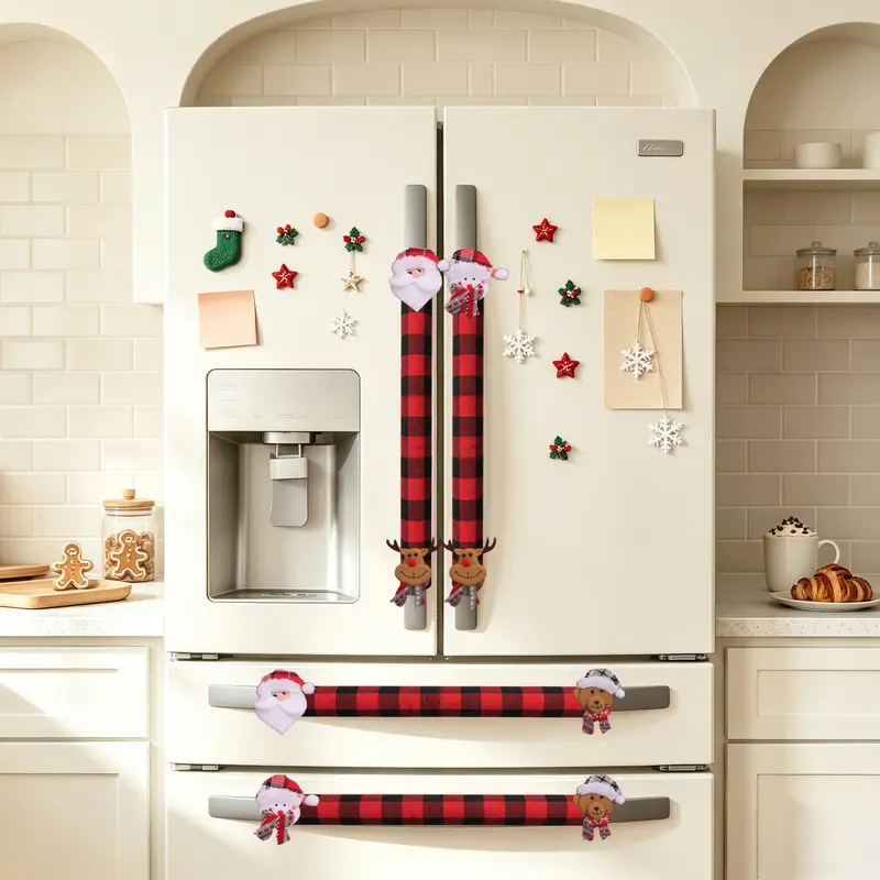 2/4/6PCS Plush Christmas Refrigerator Door Handle Covers - Red and Black Plaid Wraps with Santa, Snowman, Reindeer Character Accents, Wrap-Around Fit for Appliance Handles, Multiple Sets Option, for Door, Oven & Refrigerator Handles