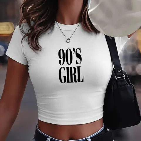 Women's "90's Girl" Letter Print Round Neck Crop Tee, Casual Vintage Slim-Fit Short Sleeve T-Shirt for Daily Wear, Ladies Summer Top