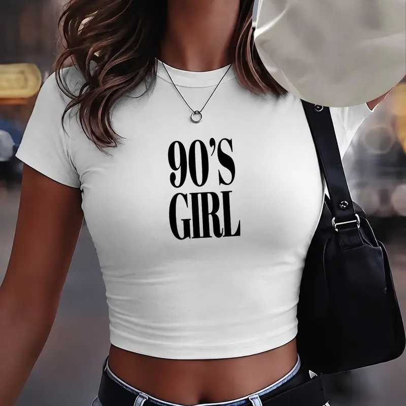 Women's "90's Girl" Letter Print Round Neck Crop Tee, Casual Vintage Slim-Fit Short Sleeve T-Shirt for Daily Wear, Ladies Summer Top