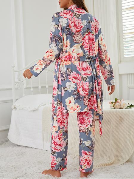 Floral Print Women's Robe Set + Strap Pants Three-Piece Comfortable Sleepwear Suit, Pajamas, Casual Home Wear for All Seasons