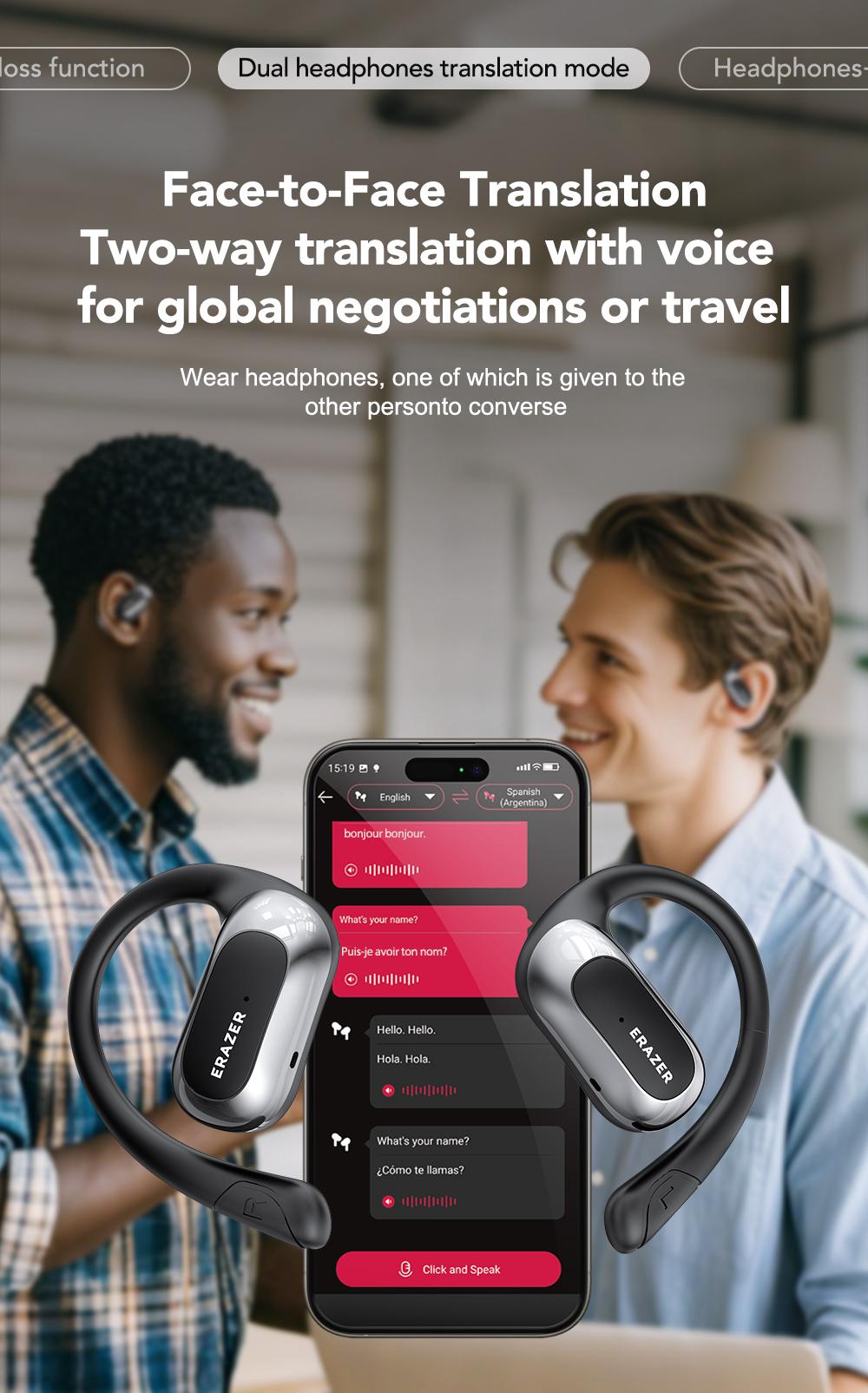 ERAZER X5 AI Translation Earbuds, Real-time Translate with APP, OWS Open-Ear Headphones, Ear Hooks Design , Wireless Earbuds, With HD Mic, Waterproof, Power Digital Display, 24H Playtime, Bluetooth 5.4 Earbuds, Gaming with Low Latency