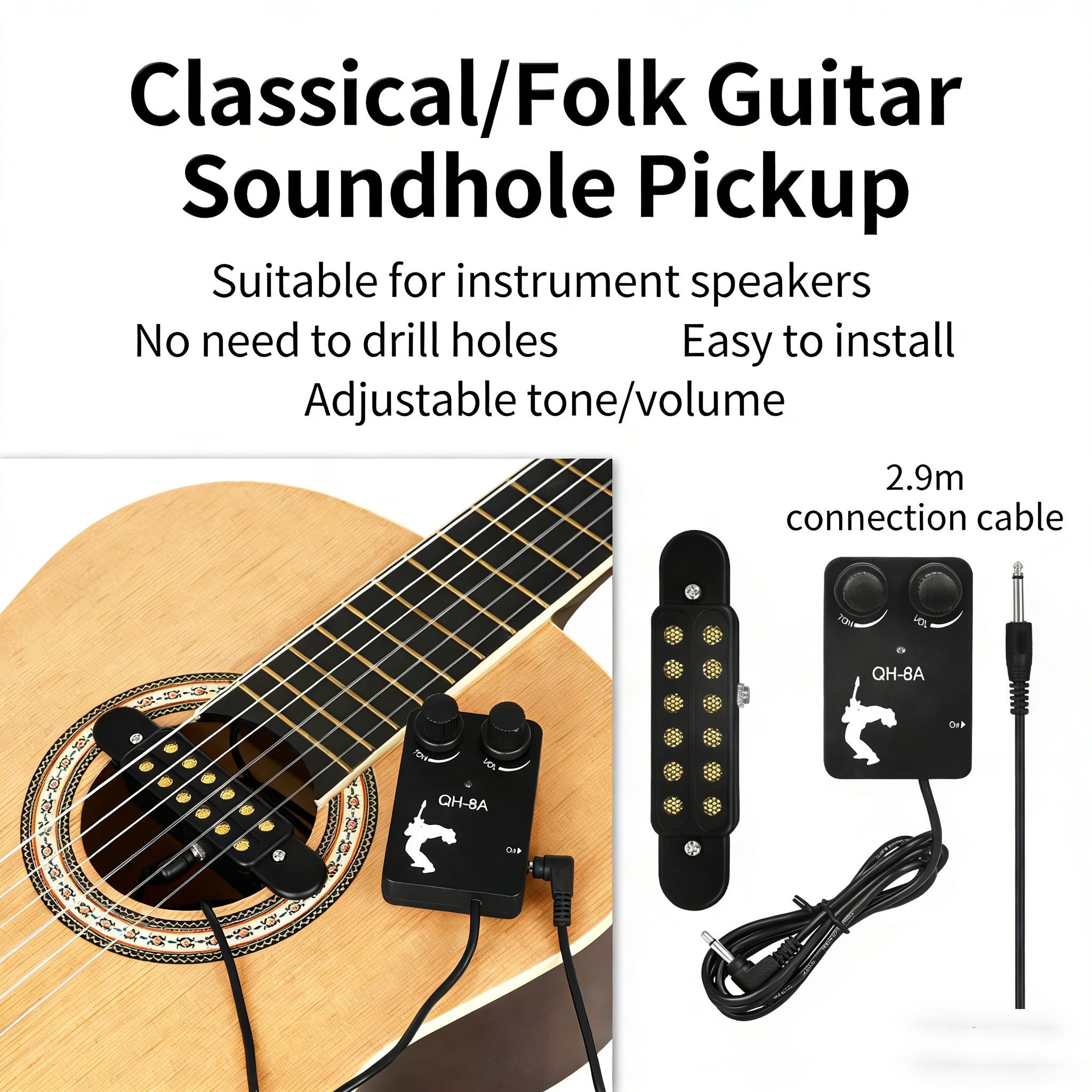 Qh-8a Acoustic Guitar Pickup, Portable Soundhole Pickup for 38/39/40/41 Inch Folk Guitars, Warm Clear Tone, Ideal for Live Performances