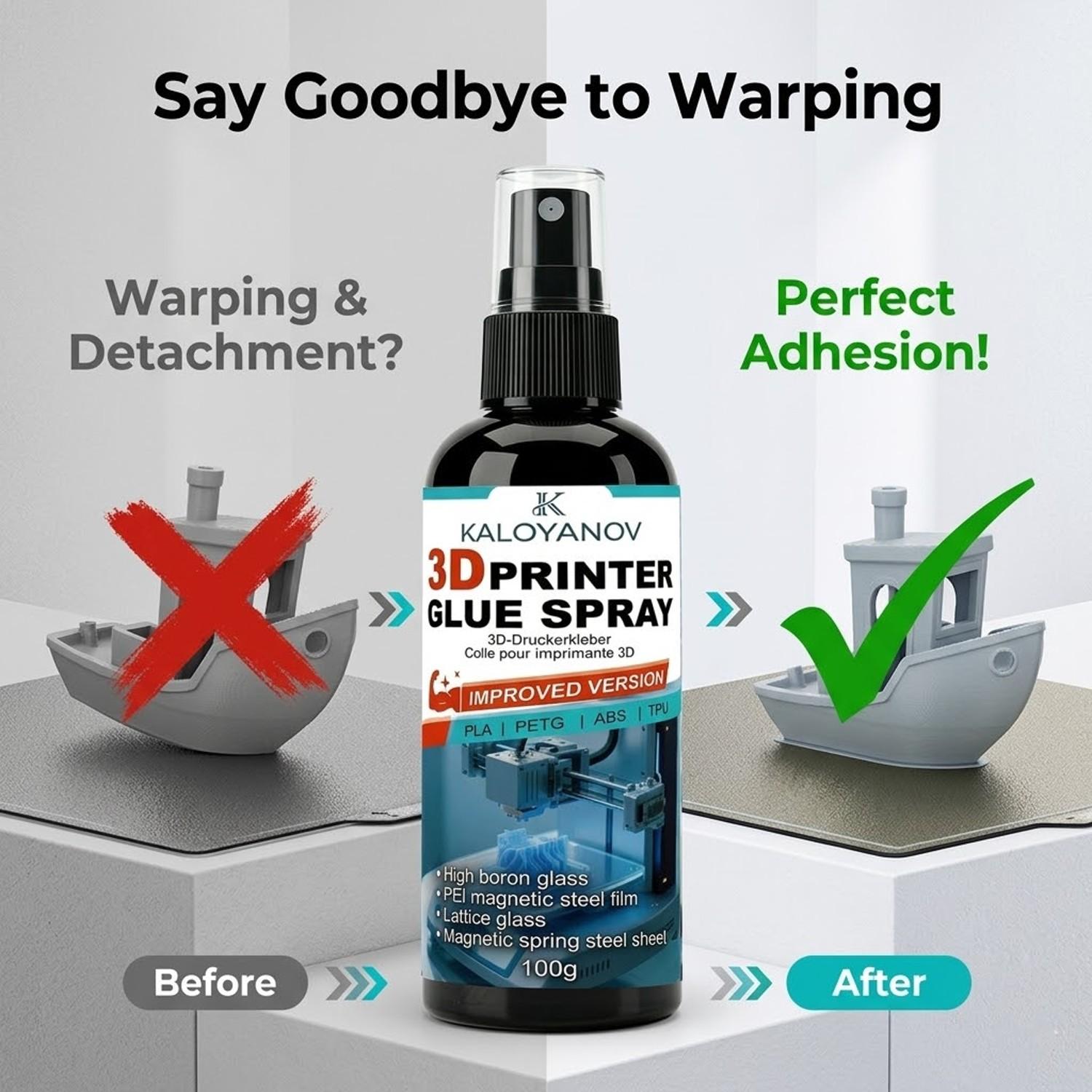 Upgraded 3D Printer Glue Spray Strong Bed Adhesion Anti-Warping Adhesive for PLA PETG ABS TPU Filament Perfect First Layer on PEI Sheet Glass Bed Magnetic Spring Steel 3D Printing Accessories No Curling Easy Release 100g Must Have Tech Tool