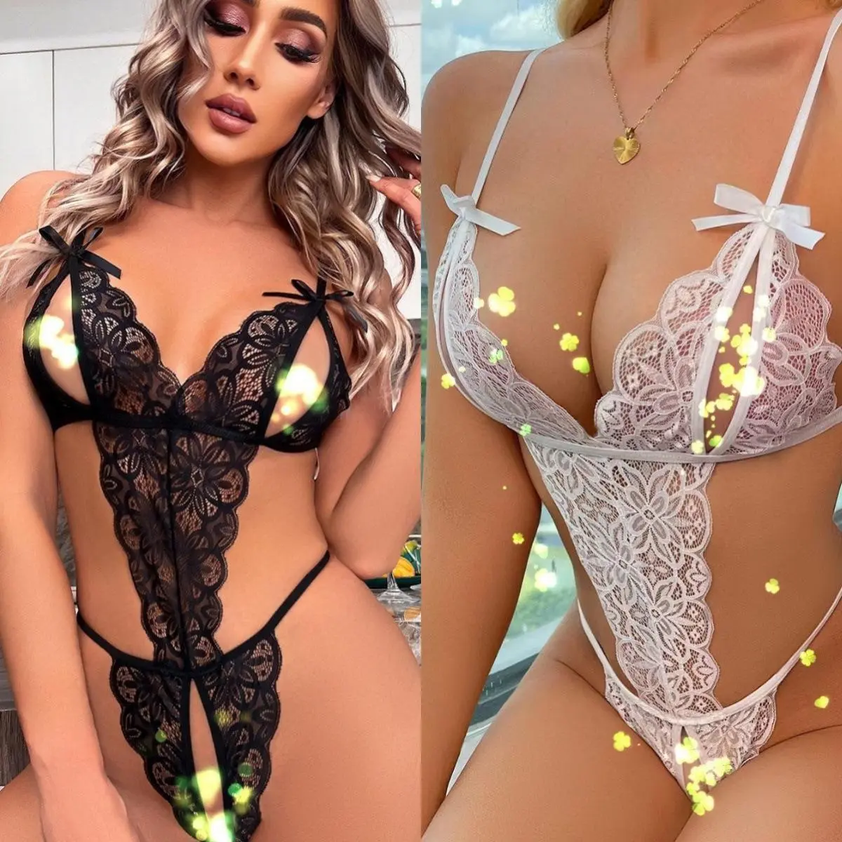 Women Sexy Lace Lingerie Bodysuit Deep V Neck Sheer Mesh Hollow Out One-Piece Sleepwear, Hot Erotic Nightwear Set, See Through Bodycon Clubwear, Romantic Role Play & Bedroom Outfit
