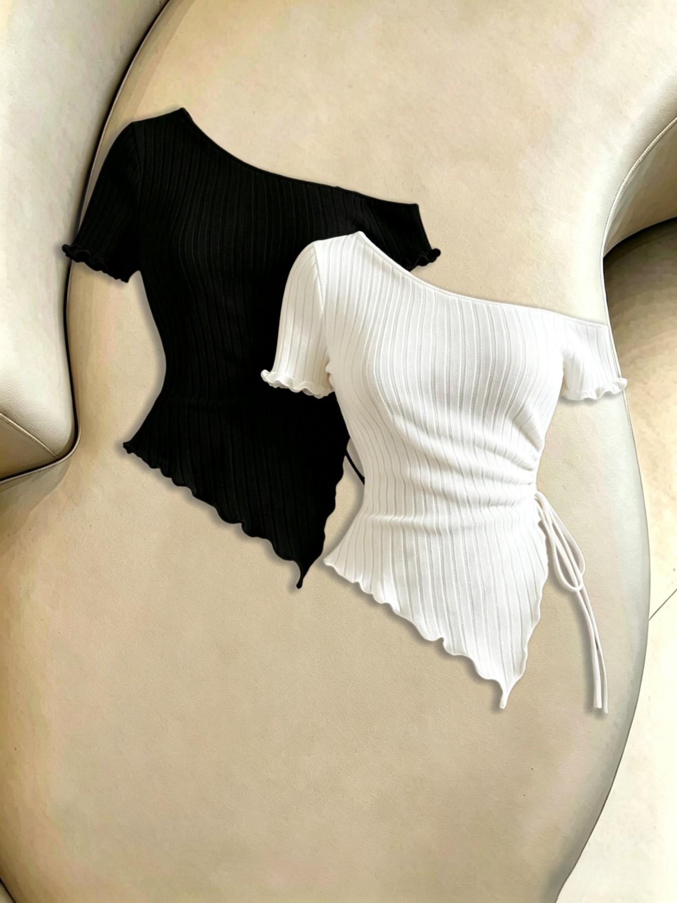 Two-Piece Asymmetrical Shoulder Knit Top, Side Drawstring Irregular Hem, Bold Short Sleeve Design, Perfect for Trendy Adjustable