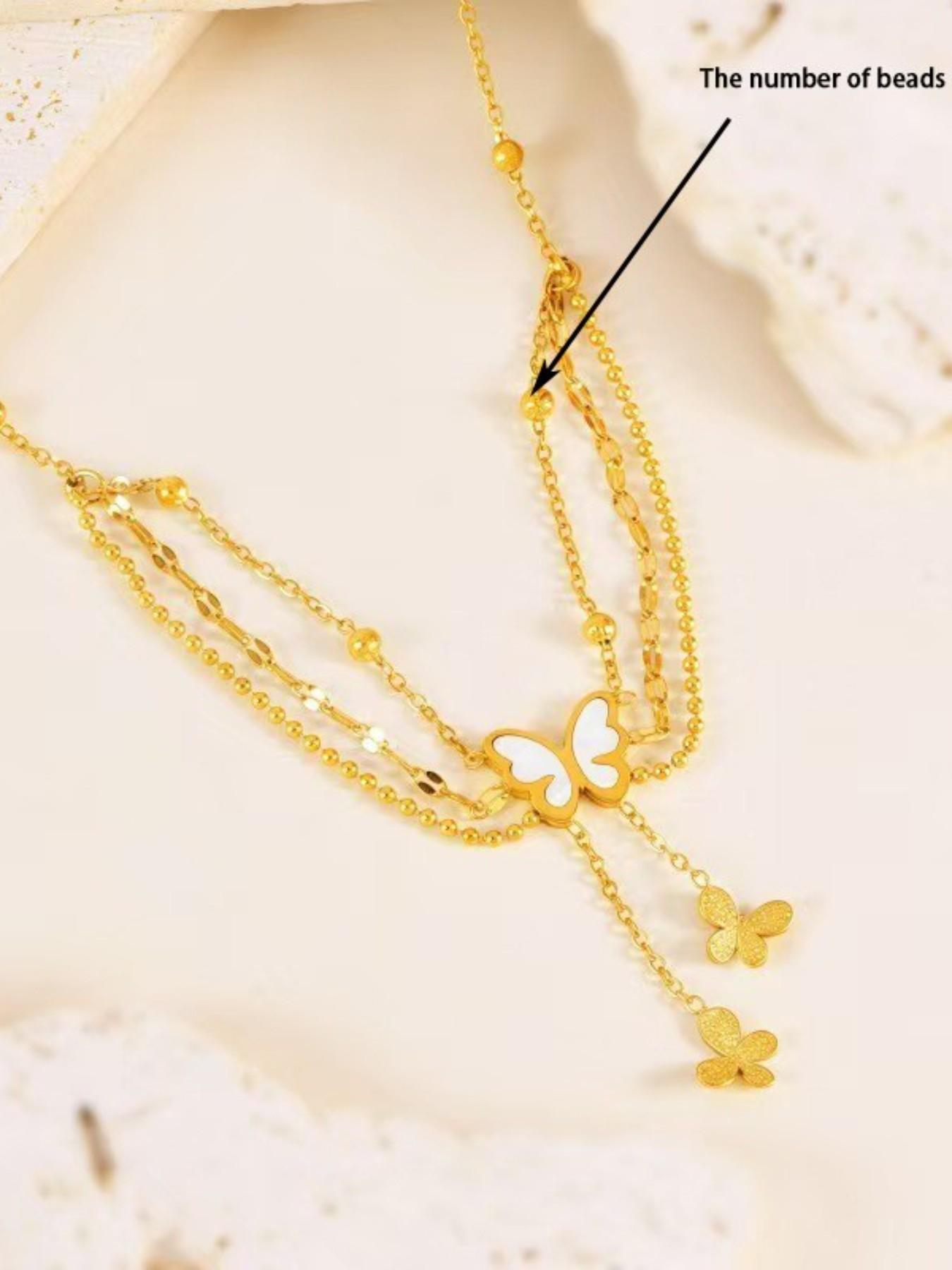 Women's Stainless Steel Beaded Three-Layer Butterfly Fringe Anklet, Fashion Jewelry Accessory, Elegant Footwear Decor