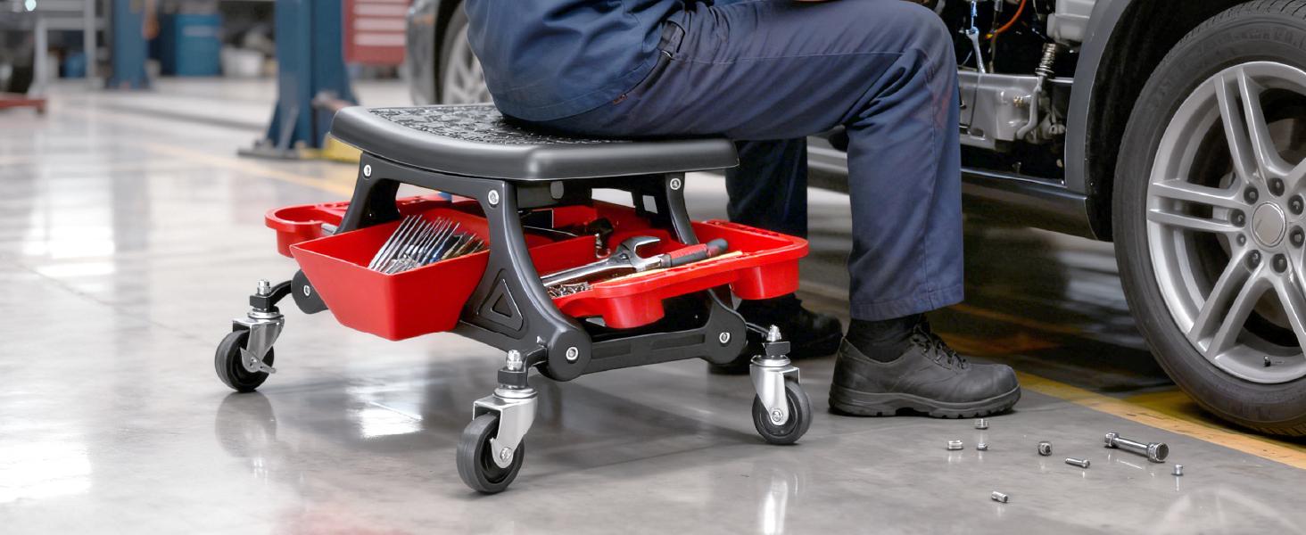 Heavy Duty Rolling Mechanic Stool with Casters, 300 LBS Capacity, Slide-Out Tool Trays & Drawer, Car Repair Tools for Mechanics’ Repair Work (Red)