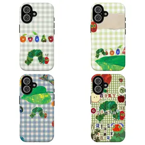 Pastel Gingham Hungry Caterpillar Phone Case|Cute Leaf & Fruit Cartoon Art Phone Cover For iPhone 17 Pro Max 16 15 14 13 12 11 for Samsung S21 S22 S23 S24 S25 S26 Phone Case|Gift For Her/him