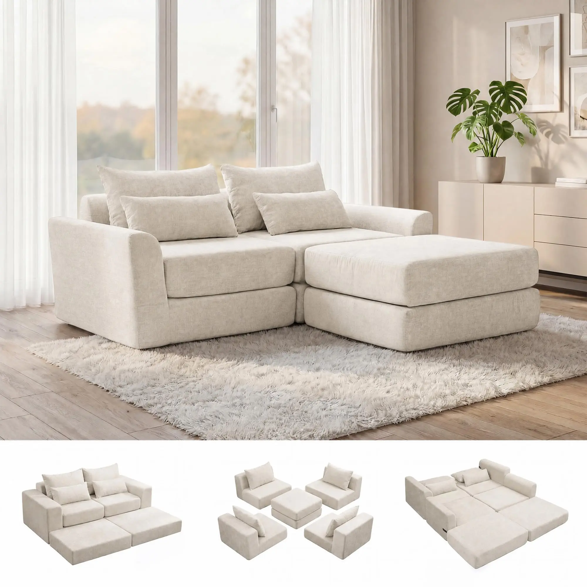 Modular Sectional Sofa, Washable Cloud Soft Chenille Couch, Convertible for Living Room & Bedroom, Apartment, No Assembly Needed