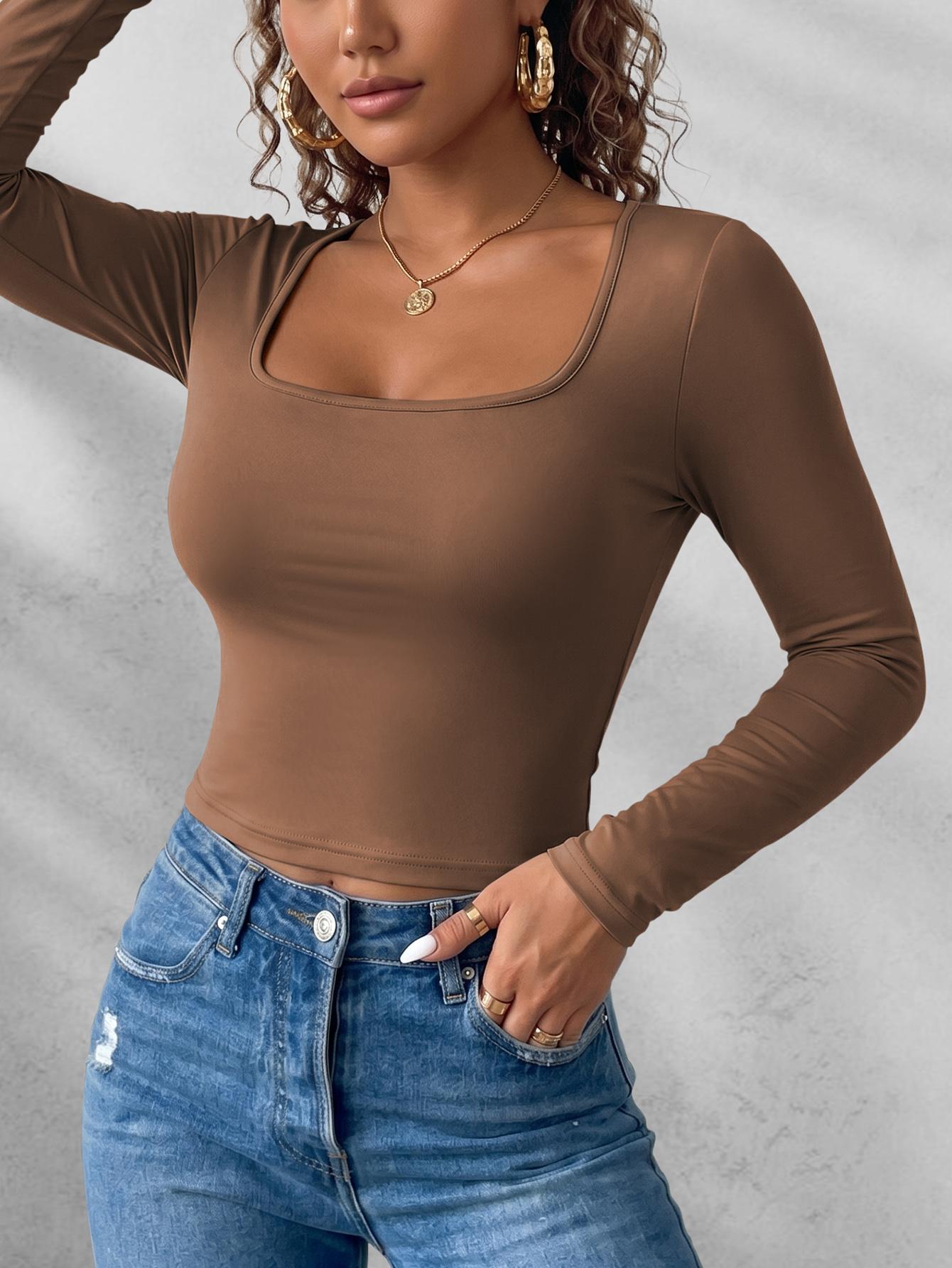 3-Pack Basic Solid Deep U-Neck Long Sleeve Women's Tops, Fall Winter Daily Commute, Layering Options, Y2K Style, Slim Fit, Fashionable Clothing