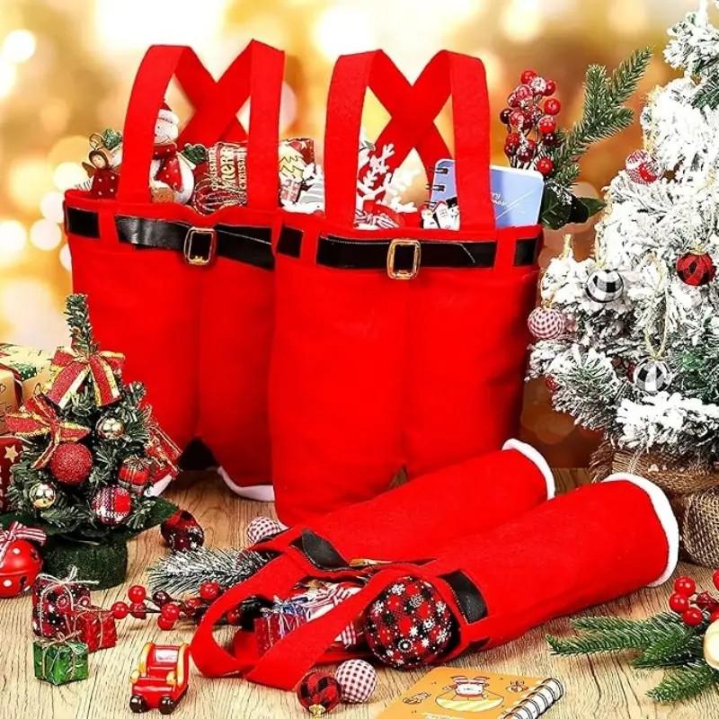 6 Christmas Claus Pants Candy Bags, Portable Gift Bags with Handles, Party Favor Bags, Goodie Bags, Wedding Gift Wrapping, Holiday Atmosphere, 4.7x7.87 Inches