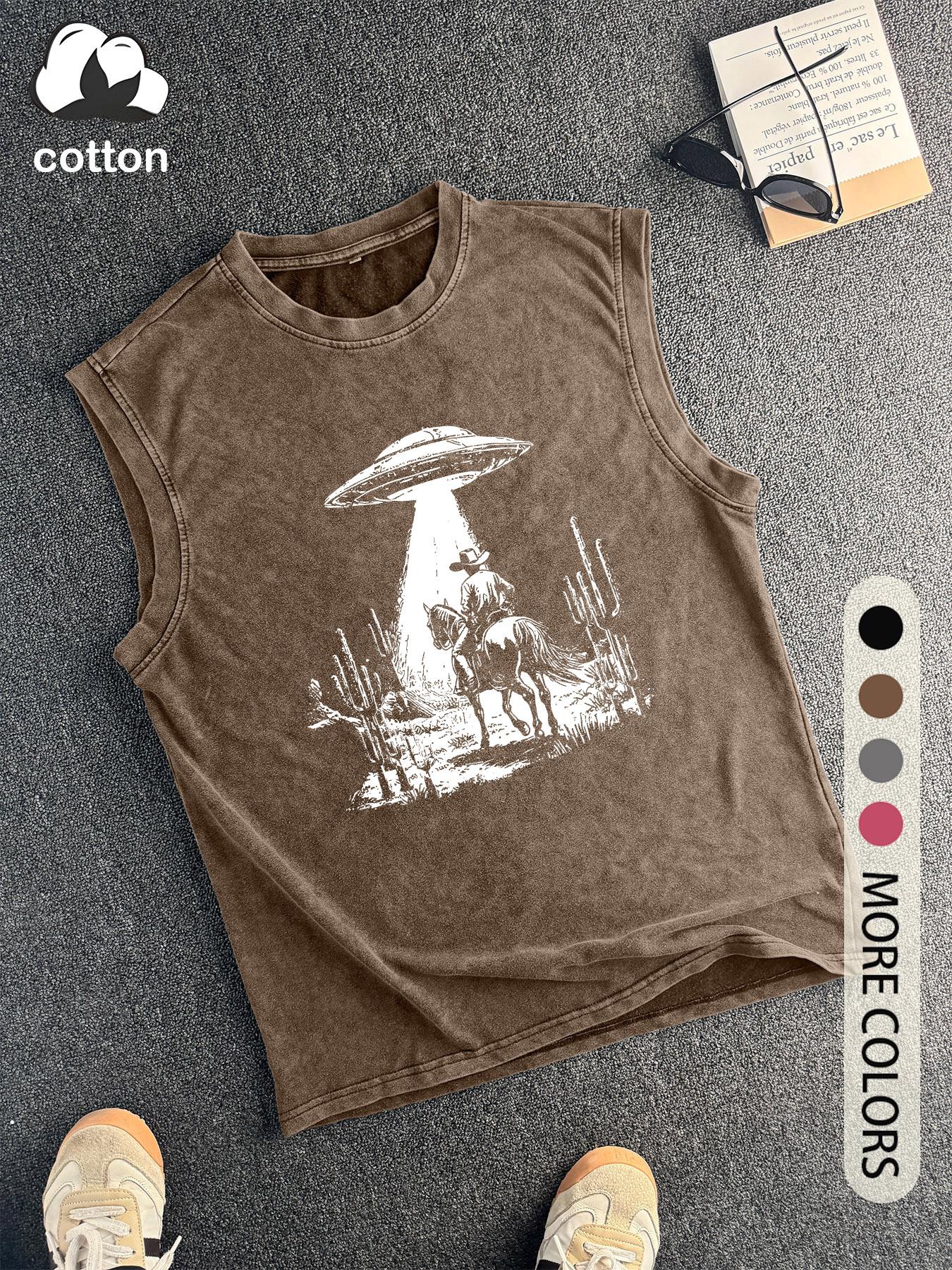 Men's Vintage UFO Print Round Neck Knit Cotton Tank Top, Regular Fit Casual Sleeveless Crew Neck Top for Summer, Fashion Men's Top for Daily Wear, Socks, Fitted