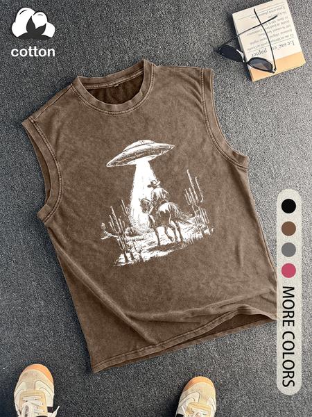 Men's Vintage UFO Print Round Neck Tank Top, Regular Fit Casual Sleeveless Crew Neck Top for Summer, Fashion Men's Top for Daily Wear, Socks
