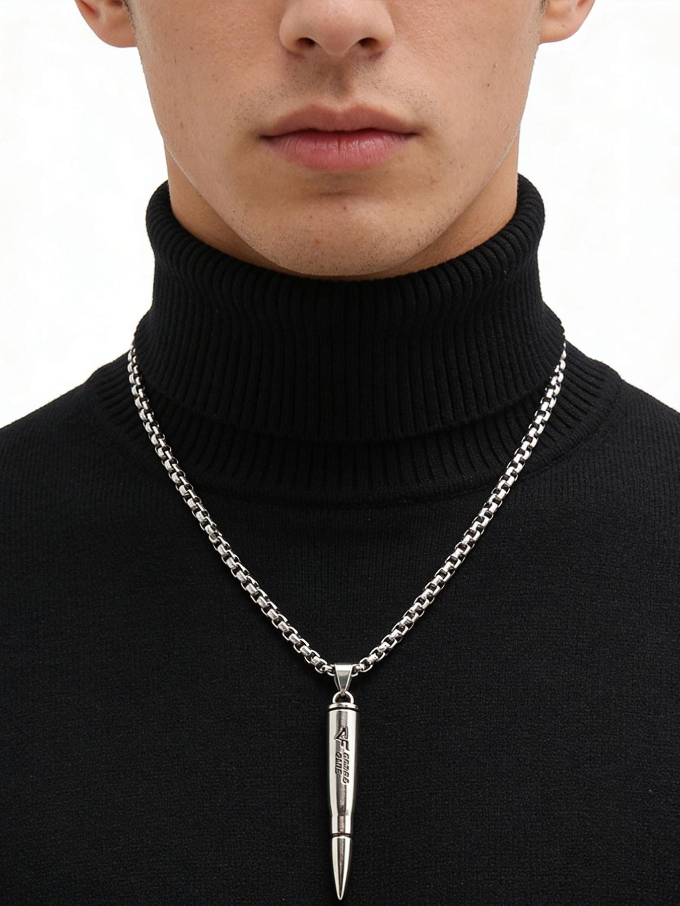 Cf Bullet Necklace Titanium Steel Pendant, Military Enthusiast Accessory, Hypoallergenic, Anti-Oxidation, Stackable, Hip Hop Streetwear