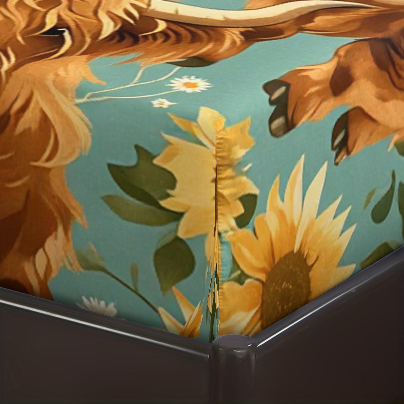 3-Piece Highland Cow & Sunflower Fitted Sheet Set, 1 Fitted Sheet + 2 Pillowcases, Soft Breathable Fabric, Non-Slip Mattress Cover, Floral Cow Bedding, Perfect for Teen Bedroom, Farmhouse Room Decor