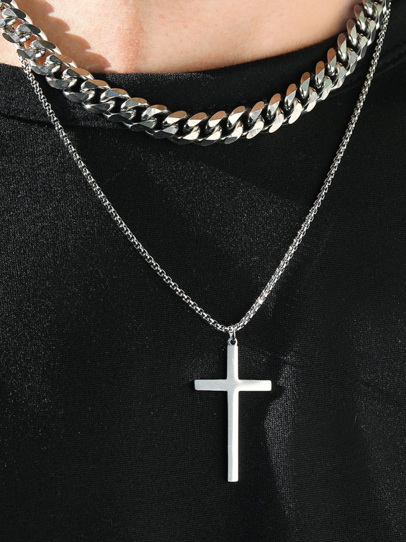 Men's Stainless Steel Jewelry Set, Punk Style Cross Necklace & Bracelet, Streetwear Accessories for All Seasons, Perfect Gift for Him