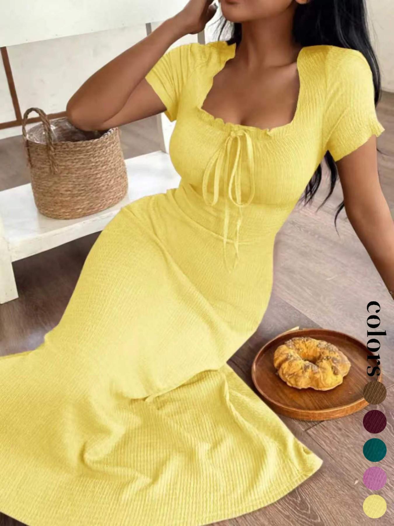 Women's Casual Long Dress Ruched, Slim Fit Short Sleeves Plain Design Basic, Perfect for Daily Wear & Stylish, Ideal Gift Choice Womenswear