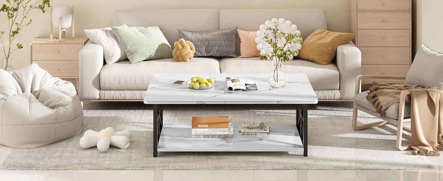 Farmhouse Coffee Table - AWQM 2-Tier Rectangular Table with Storage Shelf, Round Corners, Grey, 39.37×21.65 Inches