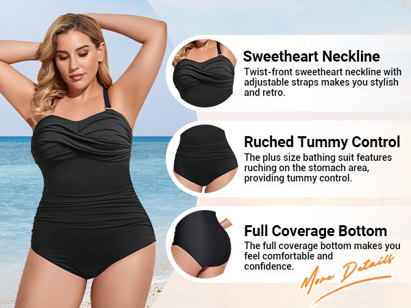 Holipick Plus Size One Piece Swimsuit Tummy Control Strapless Bathing Suits Bandeau Slimming Ruched Twist Front Swimwear