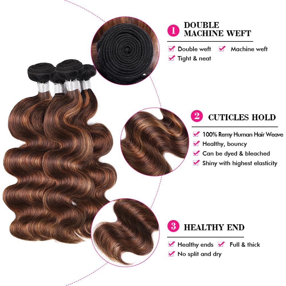 Ishow Brown Highlight Body Wave Bundles Brazilian Ombre Brown Bundles Human Hair Sew in Colored Quick Weave Bundles Human Hair with 4x4 Closure