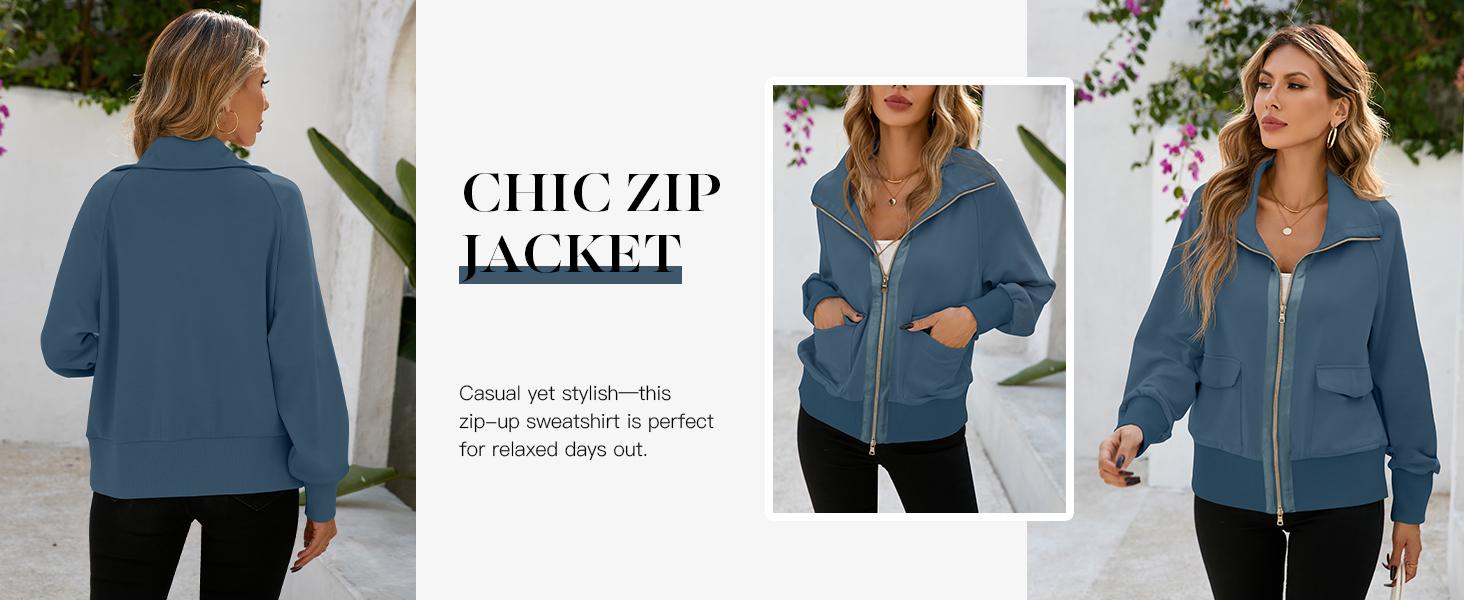 Fisoew Women's Zip up Sweatshirt Collared Neck Long Sleeve Loose Casual Lightweight Jacket with Pockets Fit Breathable puffer jacket winter outfits leather jacket winter trench zip coat Bomber Activewear fur coats for women leather jacket Womenswear