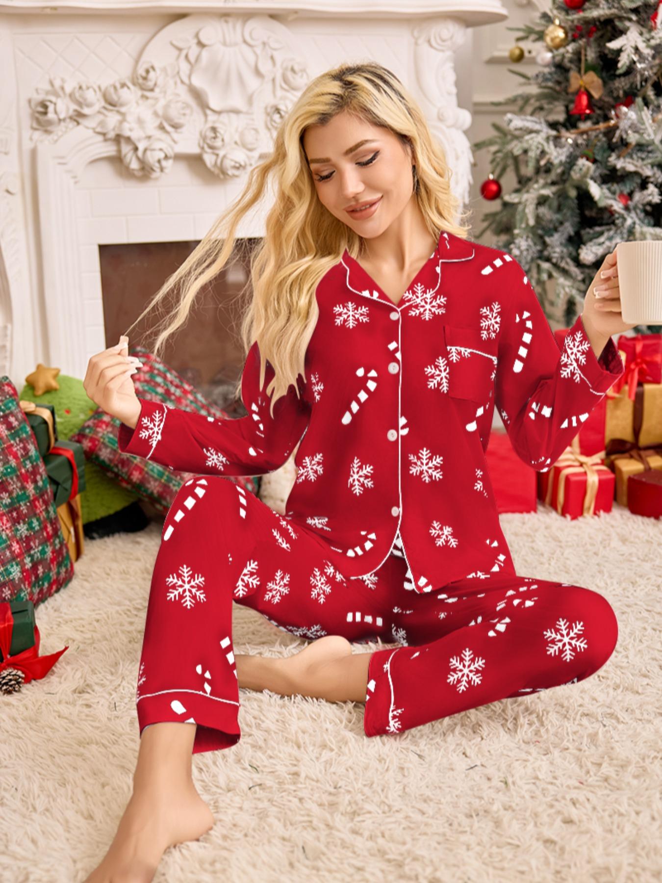 Women's Snowflake Cane Christmas Print Pajama Set, Long Sleeve Sleepwear, Comfortable Nightwear, All Seasons, Perfect Gift, Pyjamas, Pajamas Lounge Set