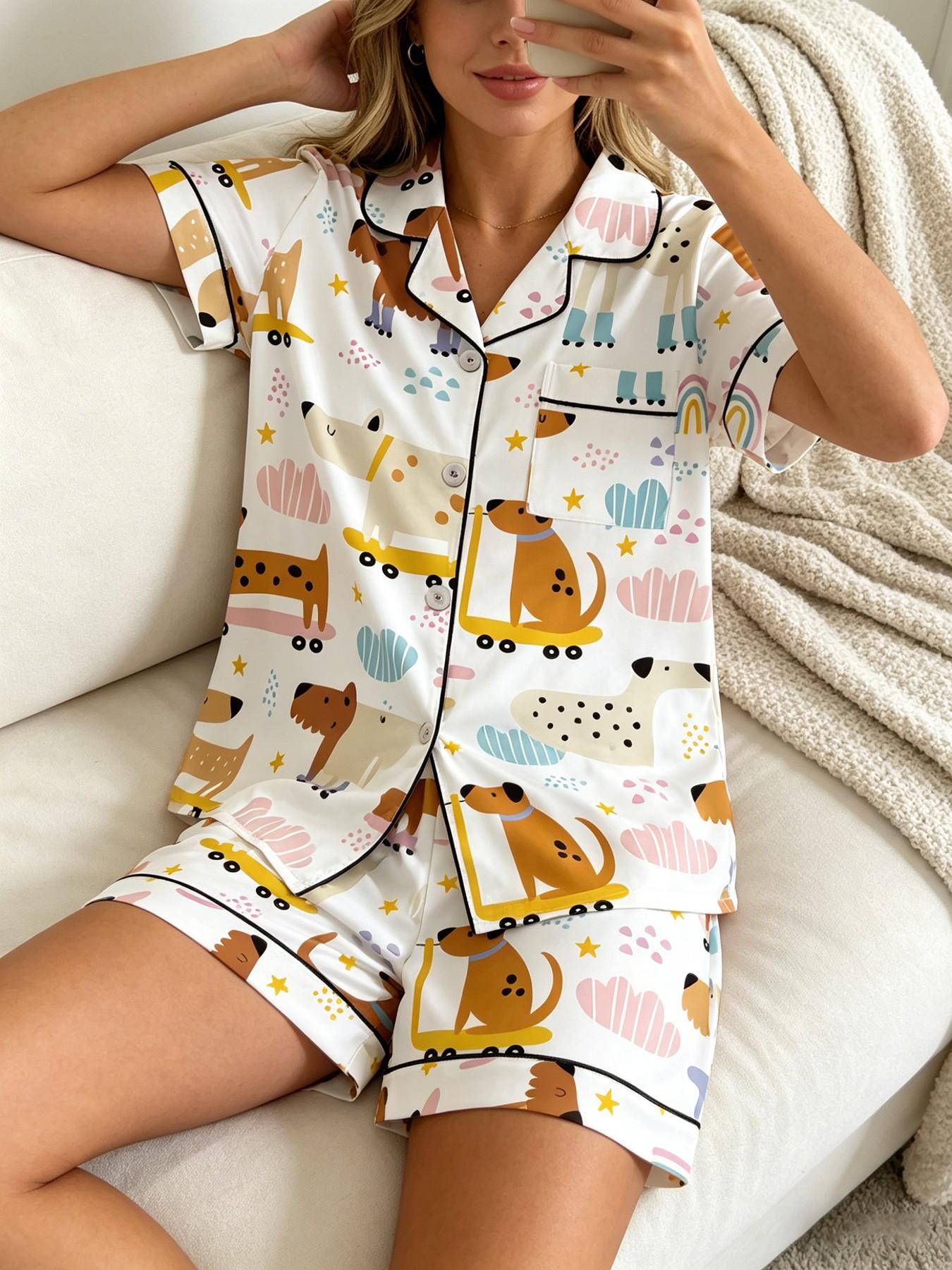 Women's Short Sleeve Button Down Top and Shorts Pajama Set, Spring Summer Wear, For Unique Style Lovers, White Base One Of A Kind Print, Classic Lapel Collar, Loose Fit, Comfortable For Home & Gatherings